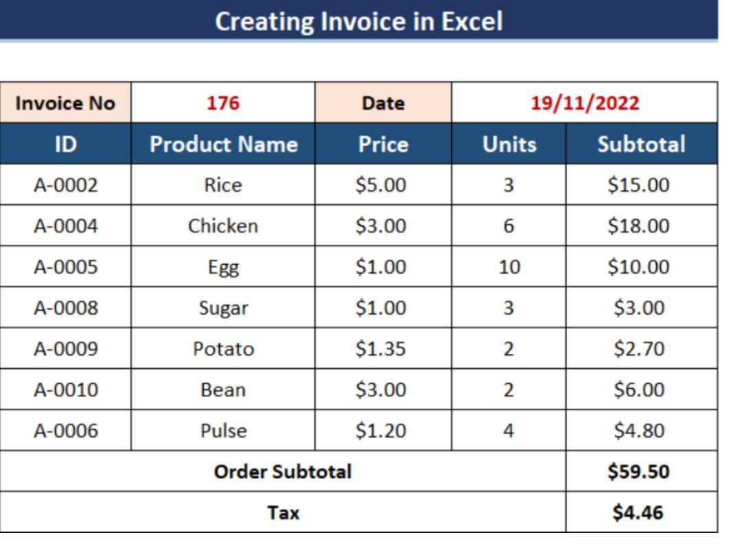 Excel invoice table showing products, prices, units, and totals