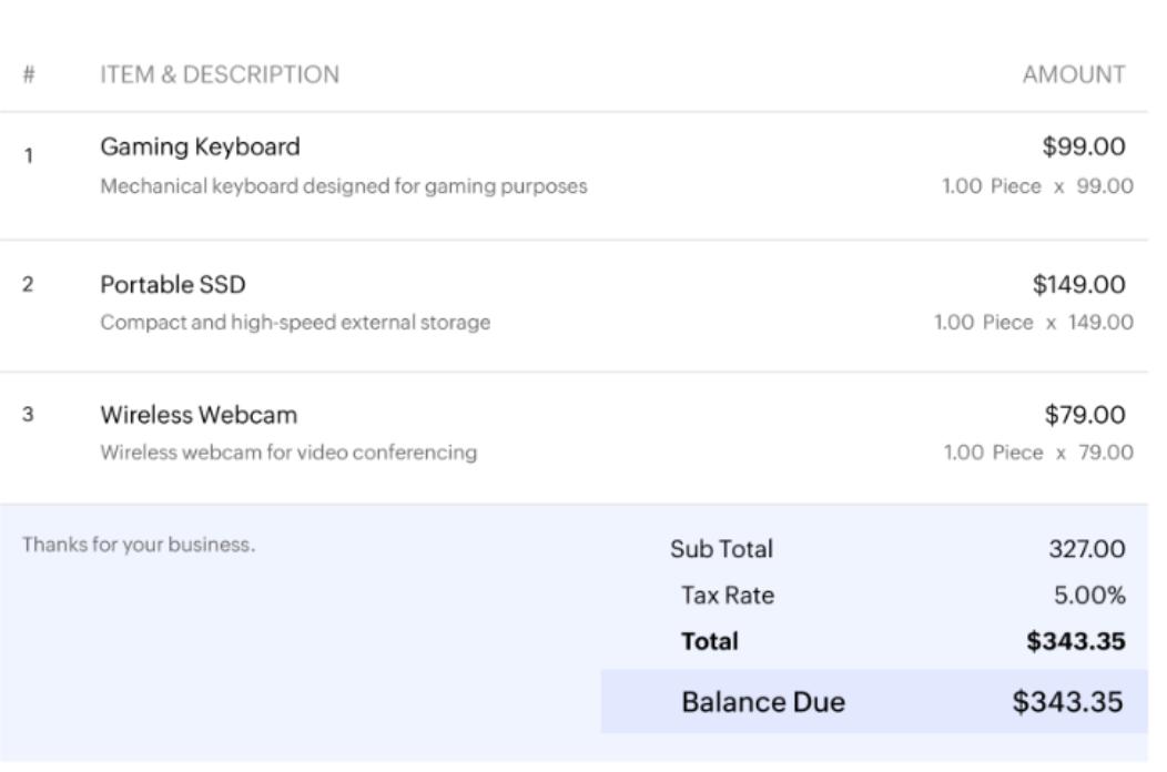 Word invoice showing items, prices, tax, and total due