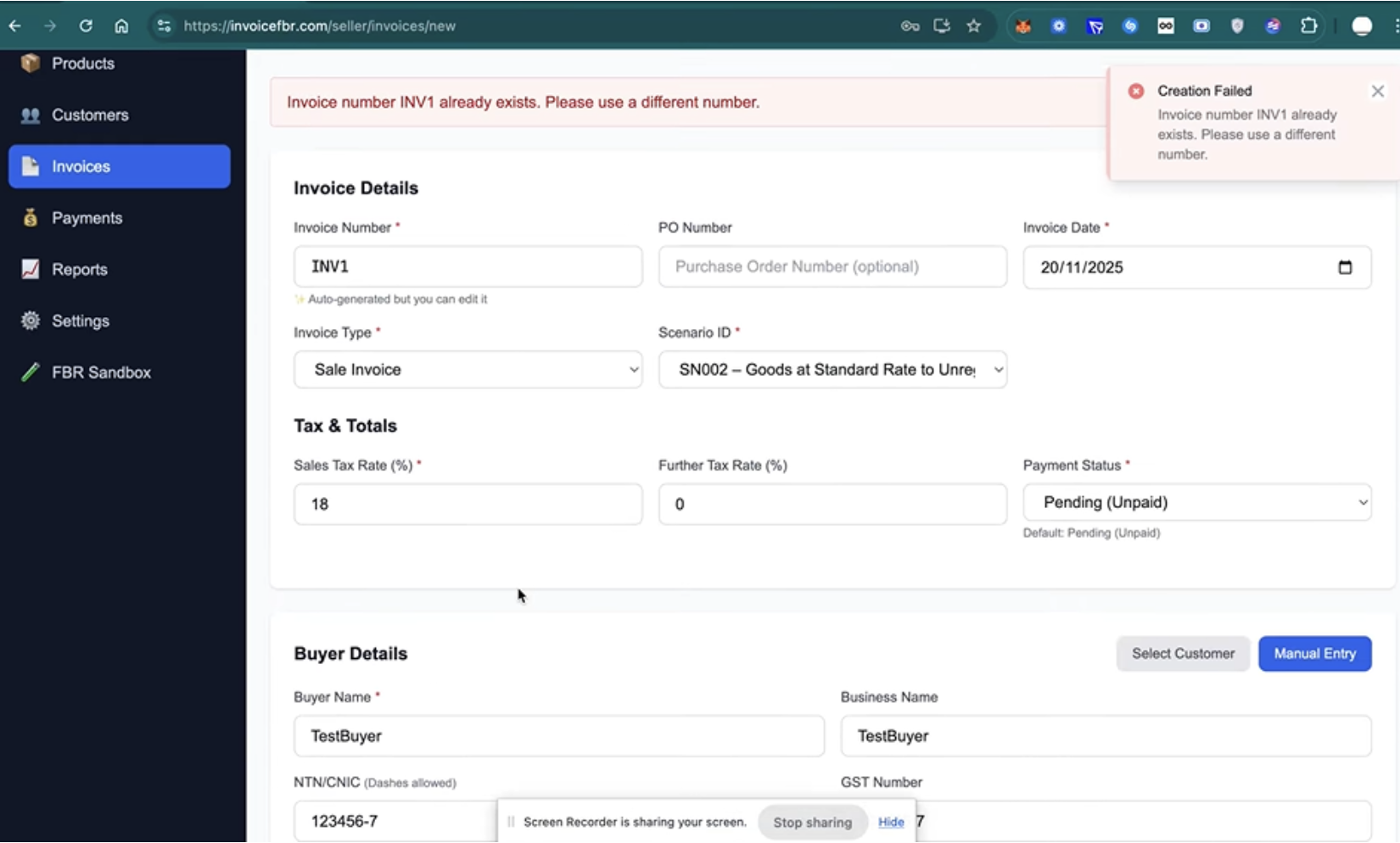 Invoice generation form with invoice and buyer details